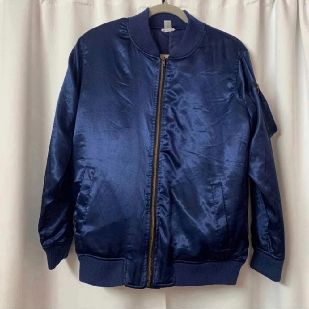 Nordstrom BP Navy Blue Satin Silky Bomber Y2K Jacket Size Extra Small